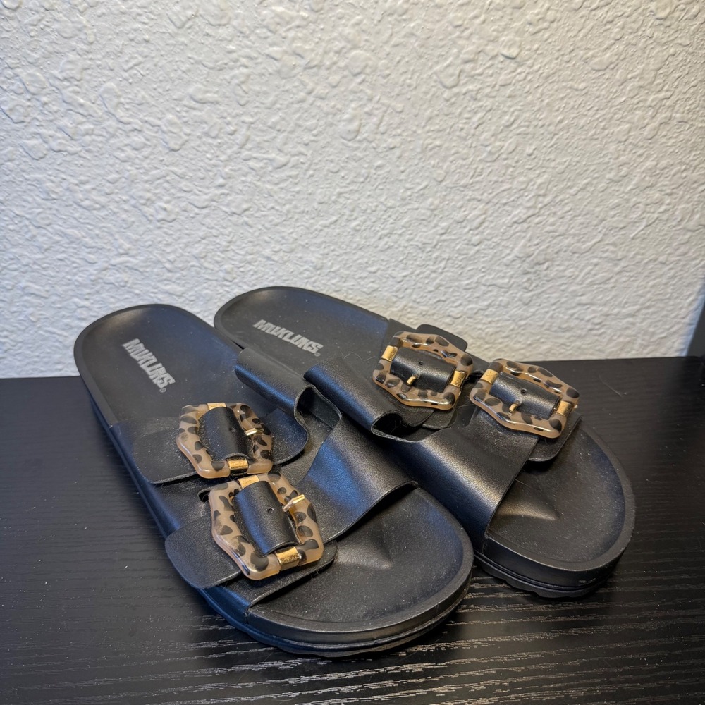 Muk Luks Grand Cayman Slide Women US 9 Black Leather Casual SlipOn Sandal EUR 39